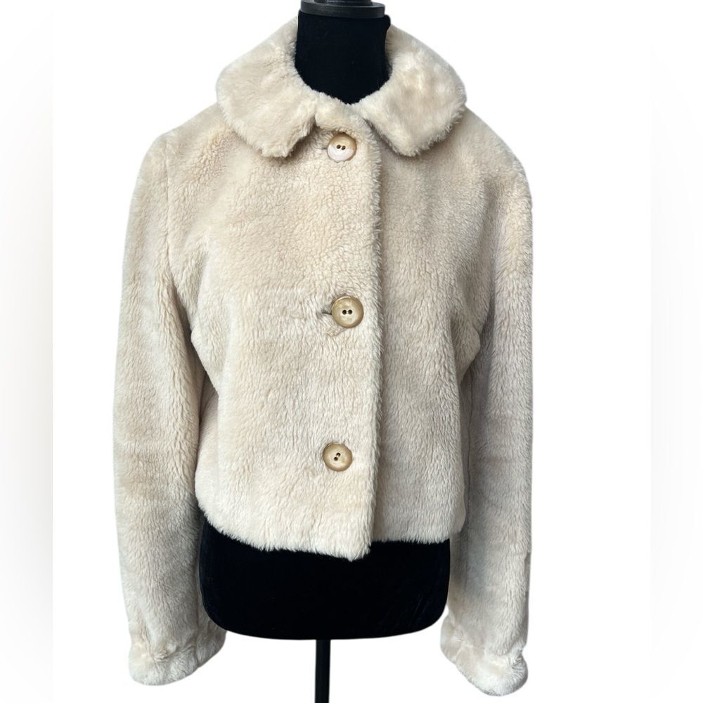 Vintage Cropped Faux Fur Cream Jacket Size M Satin Lining Retro Mod